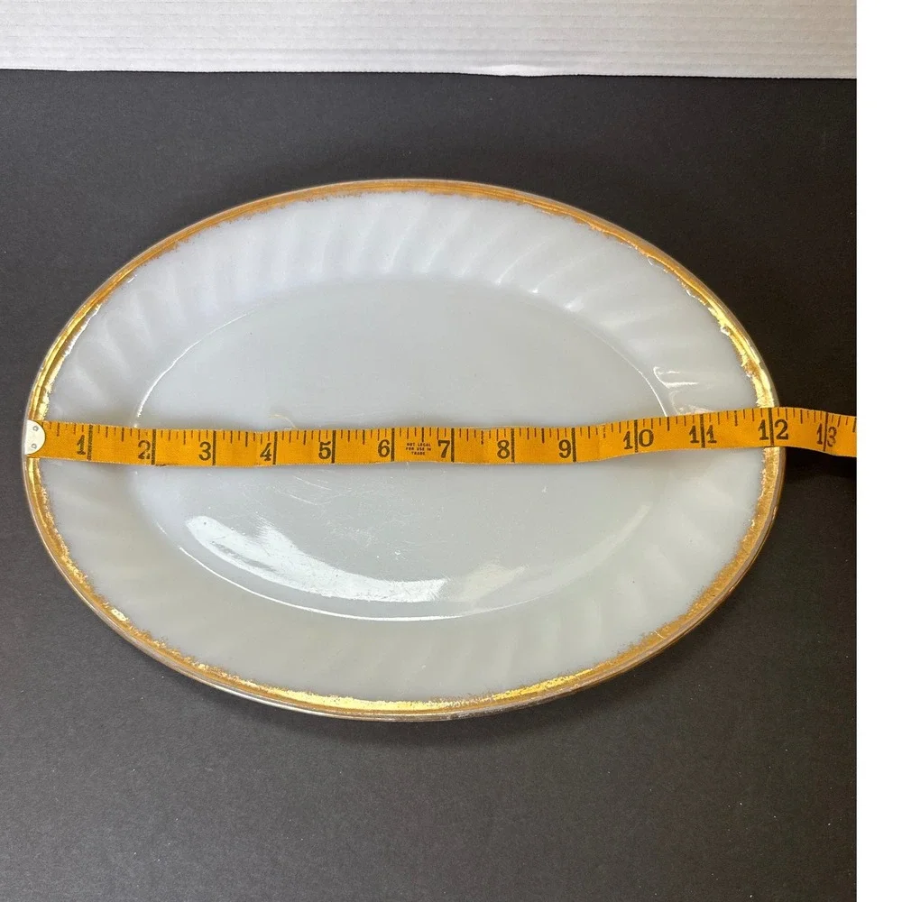 Vintage Fire-King Milk Glass Swirl Oval Platter Gold Gilt Trim 12 Inch White